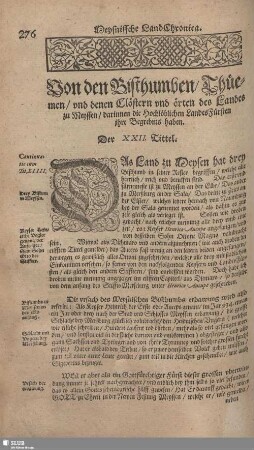 Von den Bisthumben/ thüremen/ und denen Klöstern und örten des Landes zu Meyssen/ darinnen die Hochlöblichen LandesFürsten ihre Begrebnis haben.
