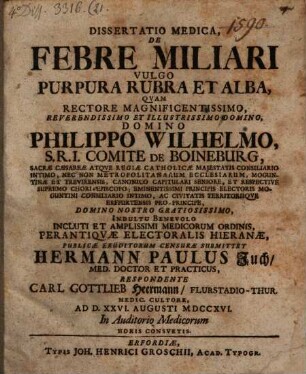 Diss. ... de febre miliari, vulgo purpura rubra et alba