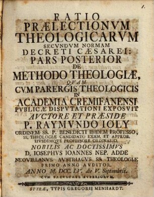 Ratio Praelectionvm Theologicarvm Secvndvm Normam Decreti Caesarei. 2, De Methodo Theologiae