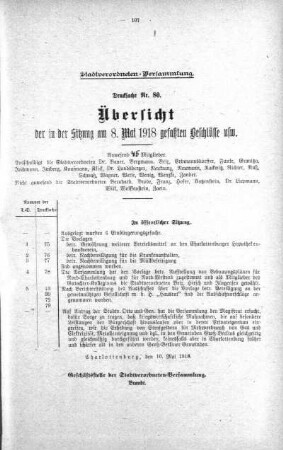 Übersicht der in der Sitzung gefaßten Beschlüsse u.s.w. (80.), 08. Mai 1918