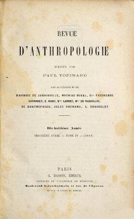 Revue d'anthropologie. 18 = 3. Sér., T. 4. 1889