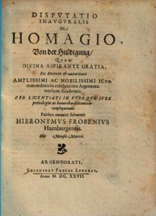 Dispvtatio Inavgvralis De Homagio, Von der Huldigung