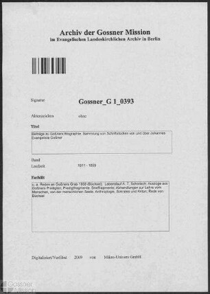 Beiträge zu Goßners Biographie. Sammlung von Schriftstücken von und über Goßner