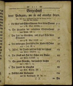 Verzeichniß derer Predigten, wie sie auf einander folgen.
