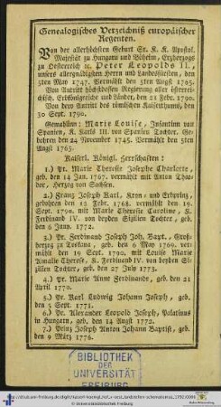 Genealogisches Verzeichnis europäischer Regenten.