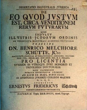 Diss. inaug. de eo quod iustum est circa venditionem rerum futurarum