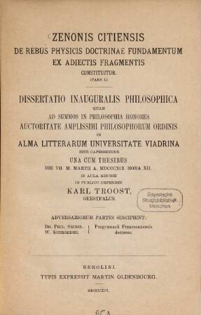 Zenonis Citiensis de rebus physicis doctrinae fundamentum ex adiectis fragmentis constitustur : Diss. inaug. Vratisl, 1