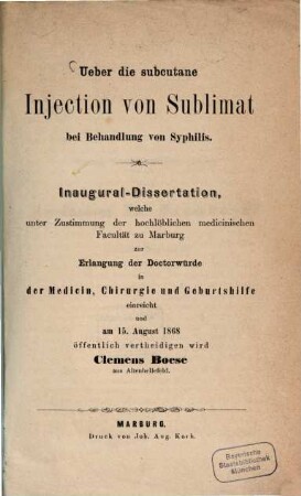 Über die subcutane Injection von Sublimat bei Behandlung von Syphilis