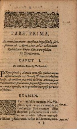 Examen quadripertitum: Apostasiae : hoc est, I. Epistoloae ad D. Iohan. Rasfeldium, II. Apologiae ad Senatum Wesaliensem ...