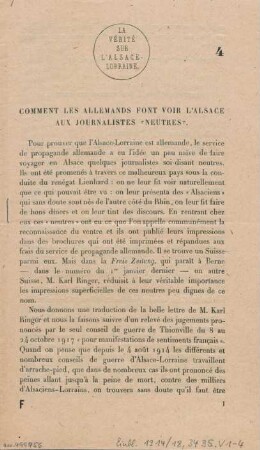 4: Comment les Allemands font voir l'Alsace aux journalistes neutres : [lettre ouverte à des journalistes neutres]