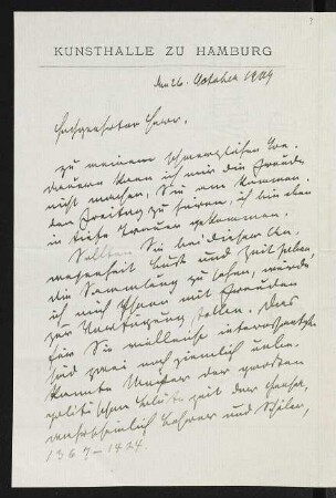 Brief von Alfred Lichtwark von Hamburger Kunsthalle an Gerhart Hauptmann