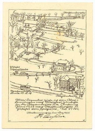 Wohnhaus Dr. Scheufelen, Stuttgart: Umzugs-Postkarte von Scheufelen, perspektivische Ansicht (Vogelschau) Lageplan