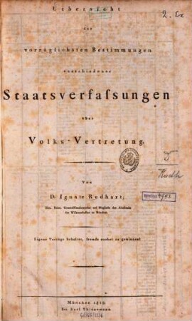 Uebersicht der vorzüglichsten Bestimmungen verschiedener Staatsverfassungen über Volksvertretung