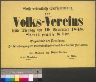 Ankündigung einer außerordentlichen Versammlung des Braunschweiger Volksvereins am 19. September 1848 zu einer Beratungssitzung zum Thema: "Genehmigung des Waffenstillstandes durch das deutsche Parlament"