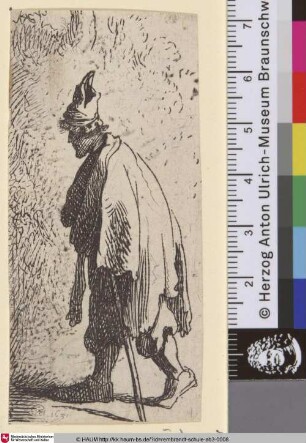 [Bettler mit Gehstock, nach links gehend; Beggar with a Stick, Walking to the Left; Gueux à manteau déchiqueté]