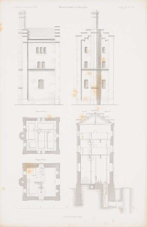Wasserstation, Liegnitz: Grundriss EG, 1.OG, Ansichten, Schnitt AB (aus: Atlas zur Zeitschrift für Bauwesen, hrsg. v. G. Erbkam, Jg. 14, 1864)