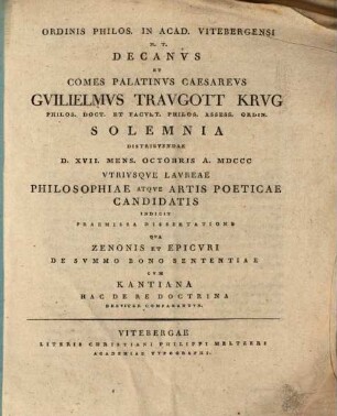 Zenonis et Epicuri de summo bono sententiae cum Kantiana hac de re doctrina brev. comparantur