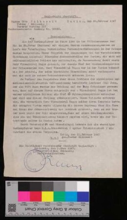 Beischeinigung/Beglaubigte Abschrift.- Eine englische Übersetzung des Dokuments liegt ebenfalls bei - Dokumente unmittelbar nach dem 2. Weltkrieg, u.a. Entnazifizierungsverfahren