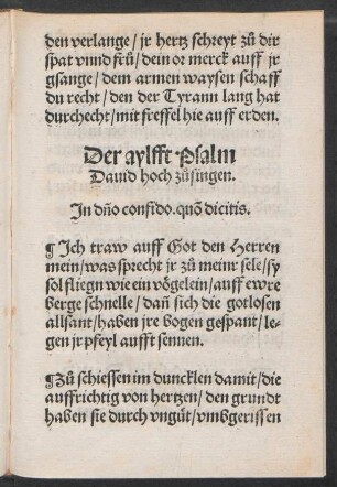 Der aylfft Psalm || Dauid/ hoch zu°singen. || Jn d[omi]ne confido. quo[d] dicitis. ||