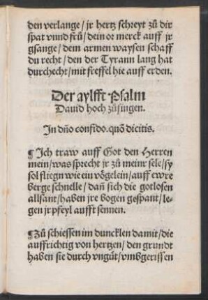 Der aylfft Psalm || Dauid/ hoch zu°singen. || Jn d[omi]ne confido. quo[d] dicitis. ||