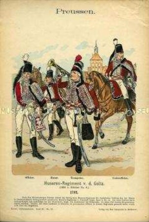 Uniformdarstellung, Offizier, Gemeiner, Trompeter und Unteroffizier des Husaren-Regiments H 8, Königreich Preußen, 1792.