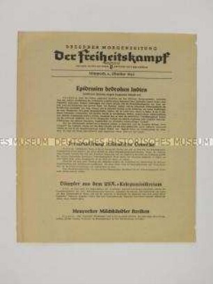 Nachrichtenblatt der sächsischen NSDAP-Zeitung "Der Freiheitskampf" mit Kurzmeldungen von verschiedenen Kriegsschauplätzen