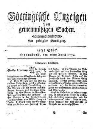 15tes Stück. Sonnabend, den 16ten April 1774.