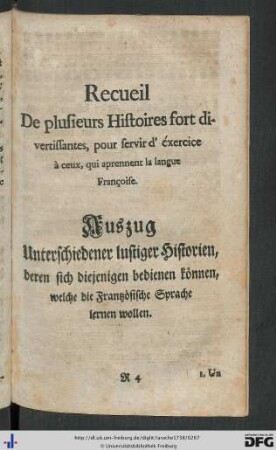 Recueil de plusiers Histoires fort divertissantes, pour servir d'éxercice à ceux, qui aprennent la langue Françoise.