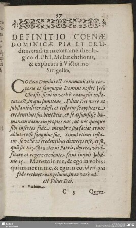 Definitio Coenae Dominicae Pia Et Frudita, tradita in examine theologico d. Phil. Melanchthonis, & explicata a Victorino Strigelio