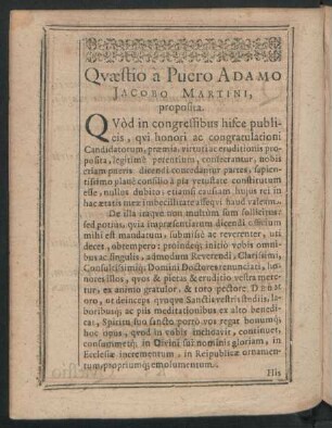 Quaestio a Puero Adamo Jacobo Martini, proposita.