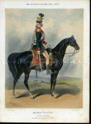 Uniformdarstellung, Offizier des Ulanen-Regiments zu Pferd, Österreich, 1790/1809. Tafel 57 aus: Gerasch: Das Oesterreichische Heer.
