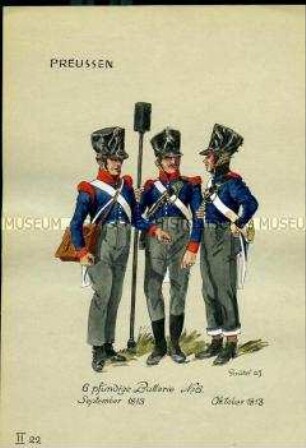Uniformdarstellung, Artilleristen der 6-pfündigen Batterie, Preußen, 1813. Tafel II 22 aus Manuskript "Uniformenkunde, Neue Folge, 3" von Herbert Knötel.