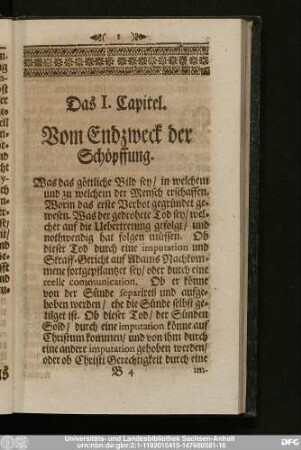Das I. Capitel. Vom Endzweck der Schöpffung.