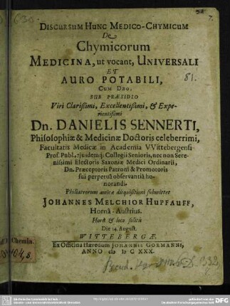 De chymicorum medicina ut vocant universali et auro potabili