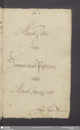 Monat Zeddel beÿm Hammerwerck Paprozan aufn Monat Januarij 1751