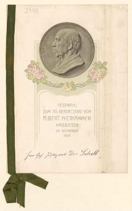 Menükarte : Festmahl zum 70. Geburtstag von Albert Niethammer