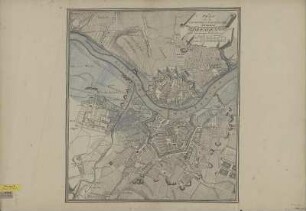 Plan der Überschwemmungen in Dresden 1784, 1:8 300, Kupferstich, 1784 : Plan von der Churfürstl. Saechsischen Residenz Dresden nebst den übrigen Vorstaedten : Anzeigung des Elb-Stroms wieweit solcher durch die ao. 1784 d. 1. Mart große Wasser ausgetreten / Frentzel. - [ca. 1:8 300]. - [S.l.] , 1784. - 1 Kt. : color. Kupferst. ; 42 x 48 cm