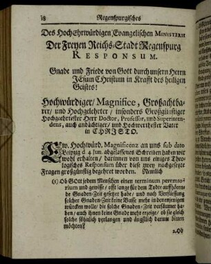 Der Hochehrwürdigen Evangelischen Ministerii Der Freyen Reichs-Stadt Regenspurg Responsum.