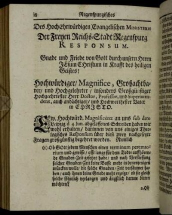 Der Hochehrwürdigen Evangelischen Ministerii Der Freyen Reichs-Stadt Regenspurg Responsum.