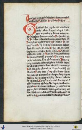 Incipit forma absolucionis sacramentalis eiusdem Magistri Johannis Gerson.