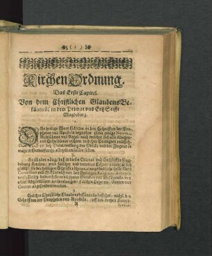 Das Erste Capitel. Von dem Christlichen GlaubensBekäntnüs in dem Primat und ErtzStifft Magdeburg.