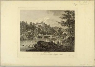 Die Burg Rauenstein bei Lengefeld im Erzgebirge von Osten über die Flöha mit Weg, Brücke und Mühle, mit einer Widmung für den Dresdner Oberbibliothekar Johann Christoph Adelung (1732-1806), aus Zinggs Kupferstichwerk
