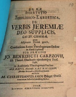 Diss. theologico-exegetica de verbis Jeremiae Deo supplicis, cap. XV. comm. 16