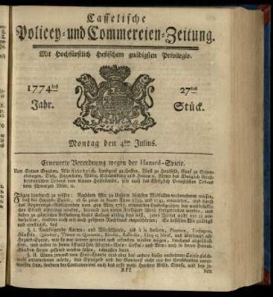27tes Stueck, Montag den 4ten Julius 1774