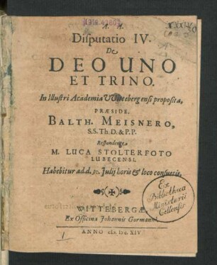 Disputatio IV. De Deo Uno Et Trino