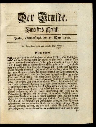 Zwölftes Stück. Berlin, Donnerstags, den 23. May, 1748