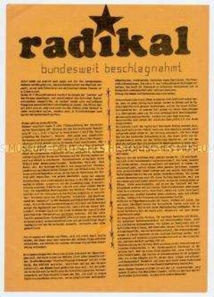 Flugblatt mit Protest gegen die Beschlagnahme der linken Zeitung "radikal"