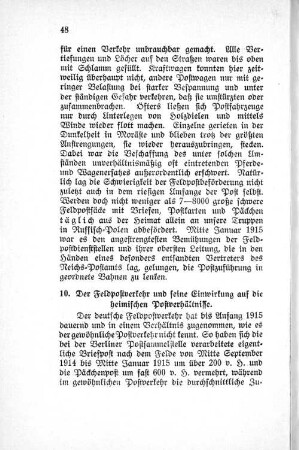 10. Der Feldpostverkehr und seine Einwirkung auf die heimischen Postverhältnisse.