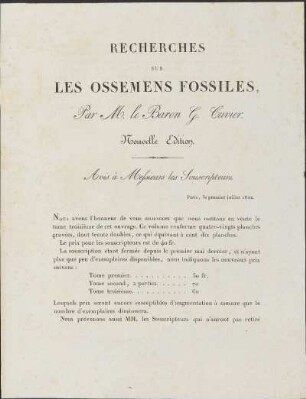 Recherches Sur Les Ossemens Fossiles, Par M. le Baron G. Cuvier. Nouvelle Edition
