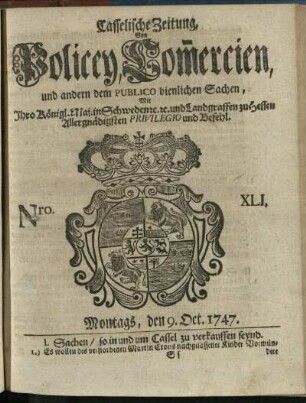 Nro. XLI, Montags, den 9. Oct. 1747